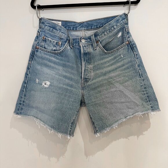 Levi's Mid Length Blue Jean Shorts Womens Size 27 Denim Cut Offs Distressed - Picture 1 of 6